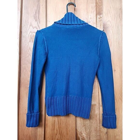 Moda International Cable Knit Turtleneck Fisherman Sweater, XS, Blue - Picture 2 of 6